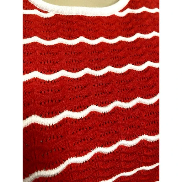 CAROLINA HERRERA Ruffled Striped Pointelle Knit Top Sweater Red White Round S